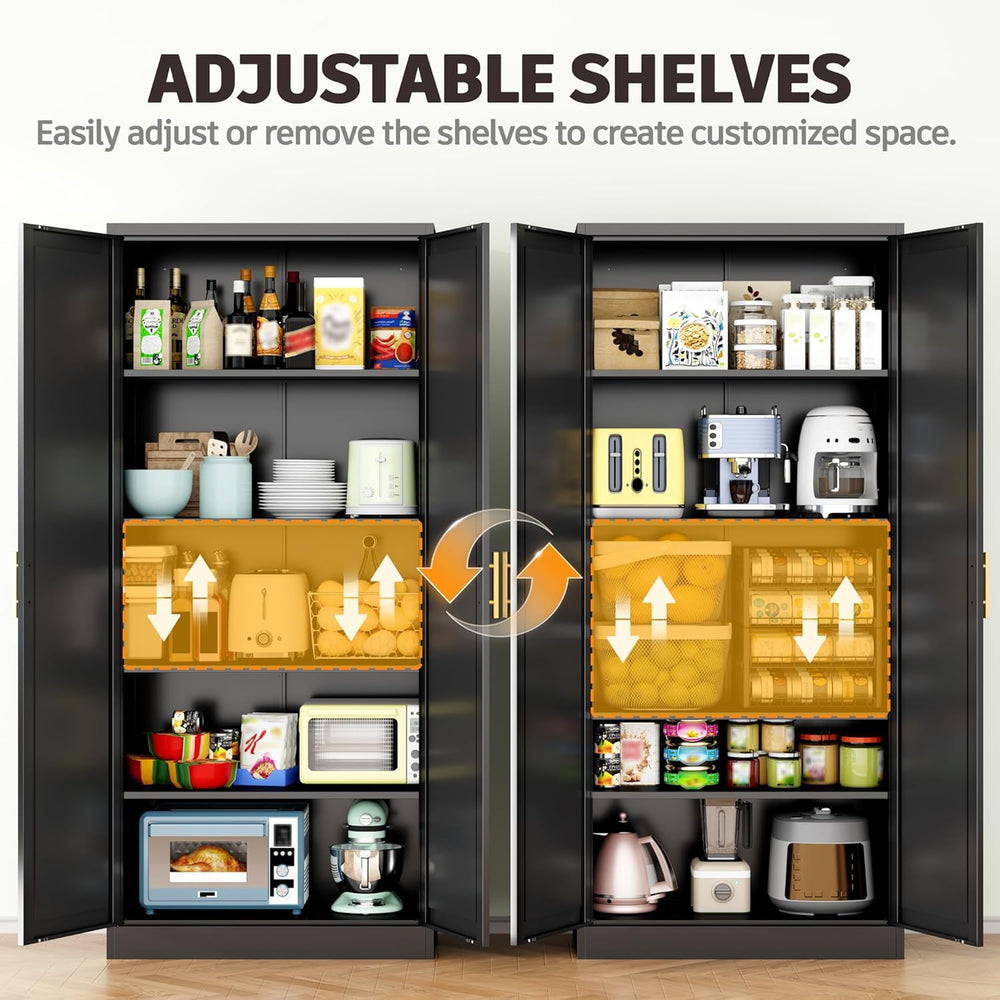 71” Tall Kitchen Pantry Cabinet, Metal Storage Cabinet with 2 Doors and 4 Adj...