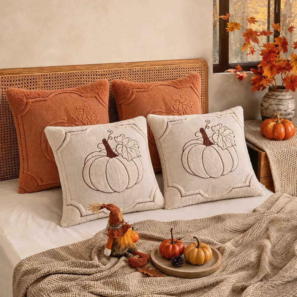Fall Throw Pillow Covers 18x18 Set of 4 Beige & Orange Pumpkin Pillow Cover