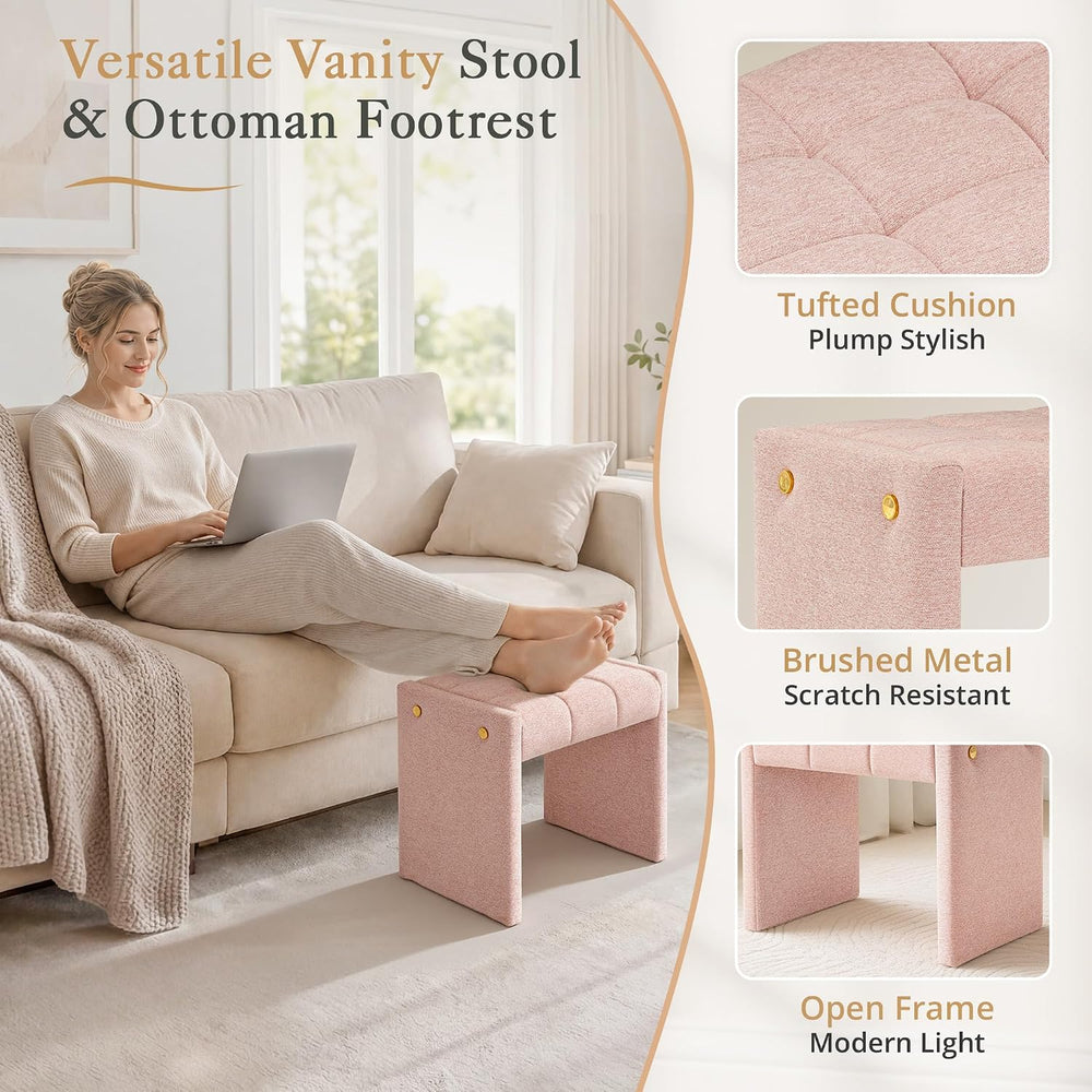 LUE BONA Modern Grid Tufted Vanity Bench Stool, 4.33'' Thick Chenille...