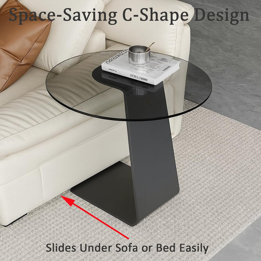 Modern C-Shaped End Table, Tempered Glass Tabletop Couch Side Table, Black Ro...
