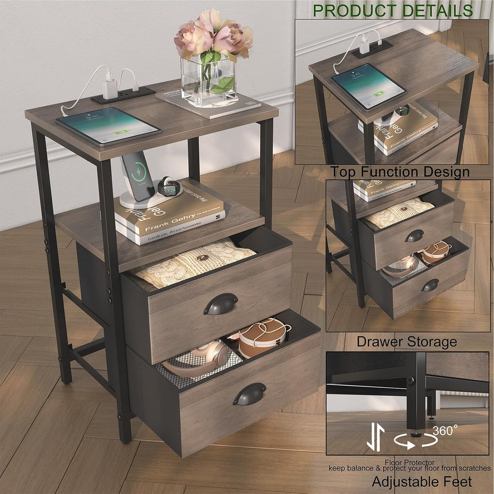 sthmec Nightstand with Charging Station, LED Night Stand Set of 2, Bedside Ta...