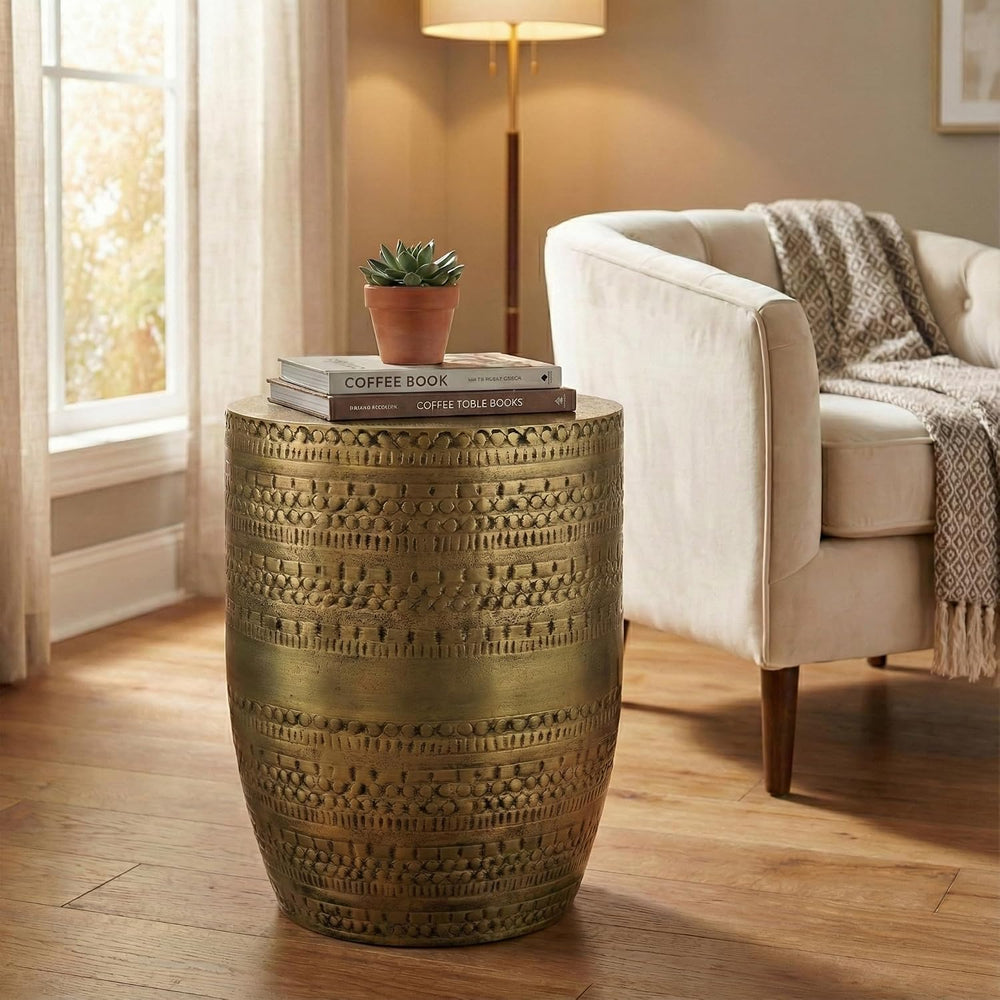 SIMPLIHOME Johnsen Tribal Accent Table – 15 inch Wide Round Metal Drum Table ...