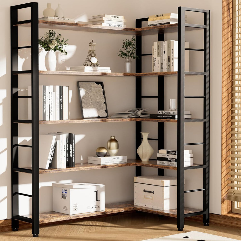 INNOD 65" X 50" Straight Wide 5 Tier Bookshelf with LED Light, L Sh...