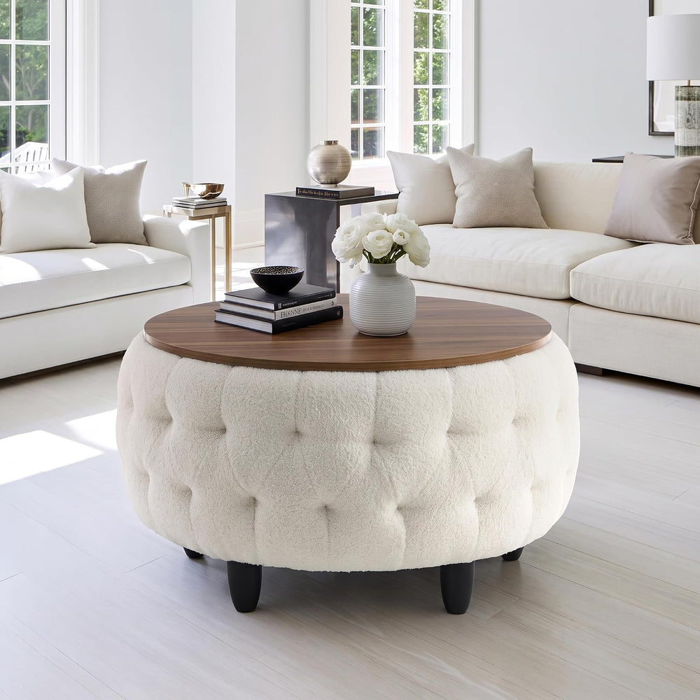 Large Round Storage Ottoman Coffee Table with Wooden Tabletop, 32 Inches Tedd...