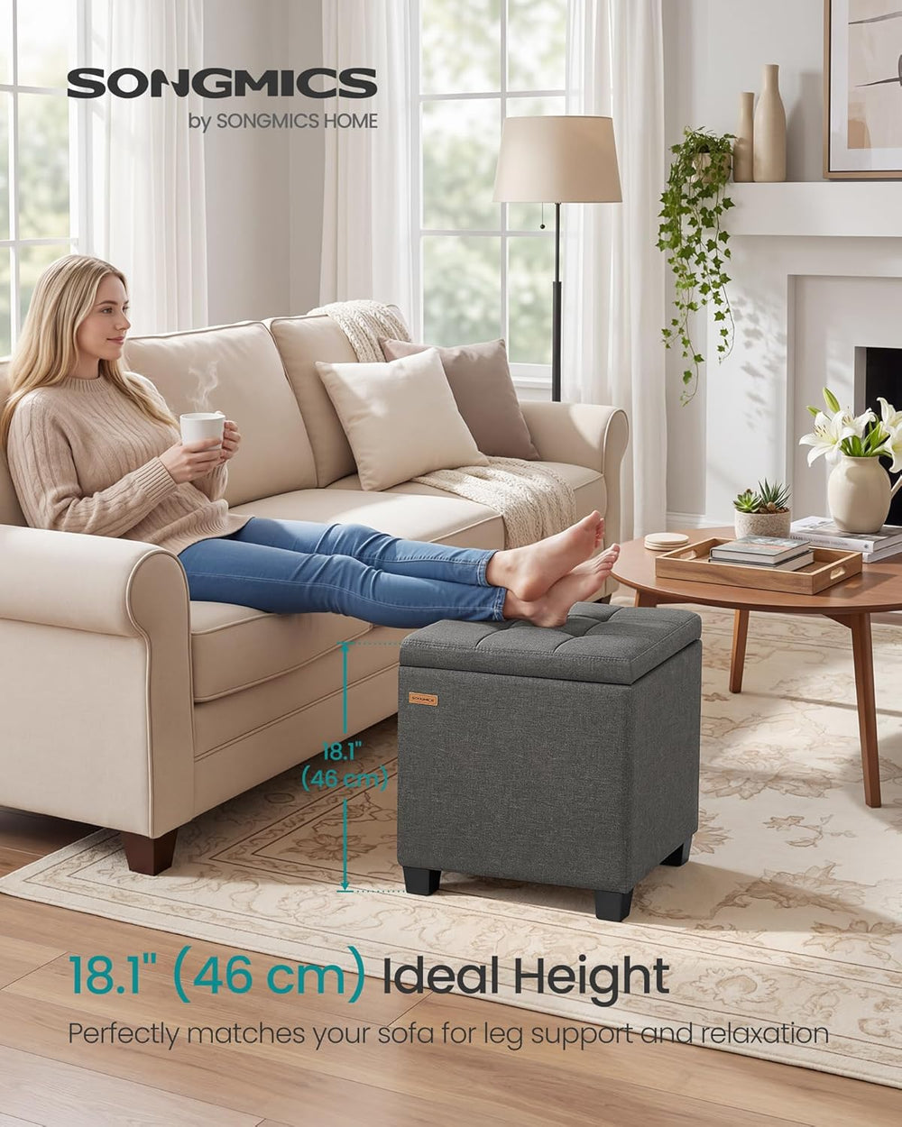 SONGMICS Square Storage Ottoman with Hinged Lid, 16.9 x 16.9 x 18.1 Inches | ...