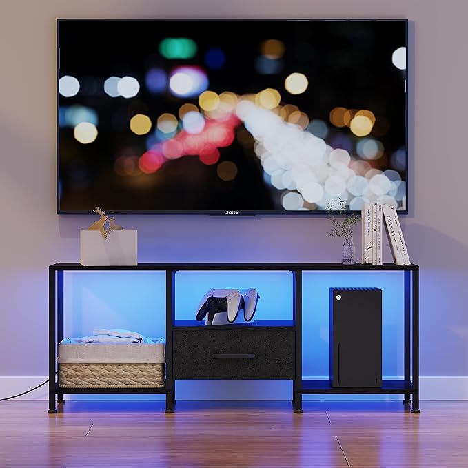 TV Stand with LED Lights, Entertainment Center with Open Shelves and Fabric D...