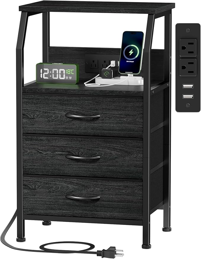 Furnulem Night Stand with Charging Station, 28.3 Inch Tall Side Table with Fa...