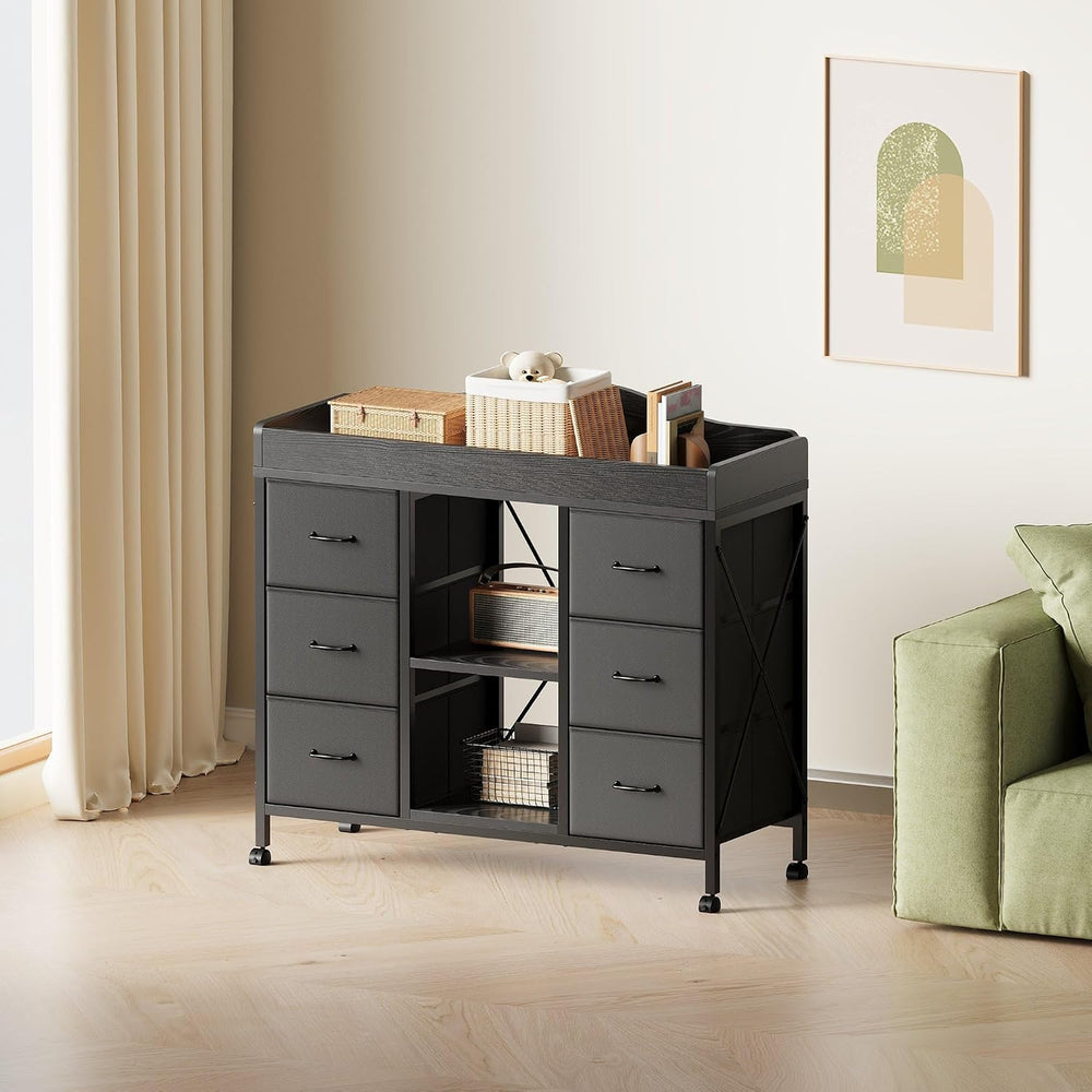 Changing Table, 6-Drawer Dresser, Adjustable Shelves, Mobile, Black