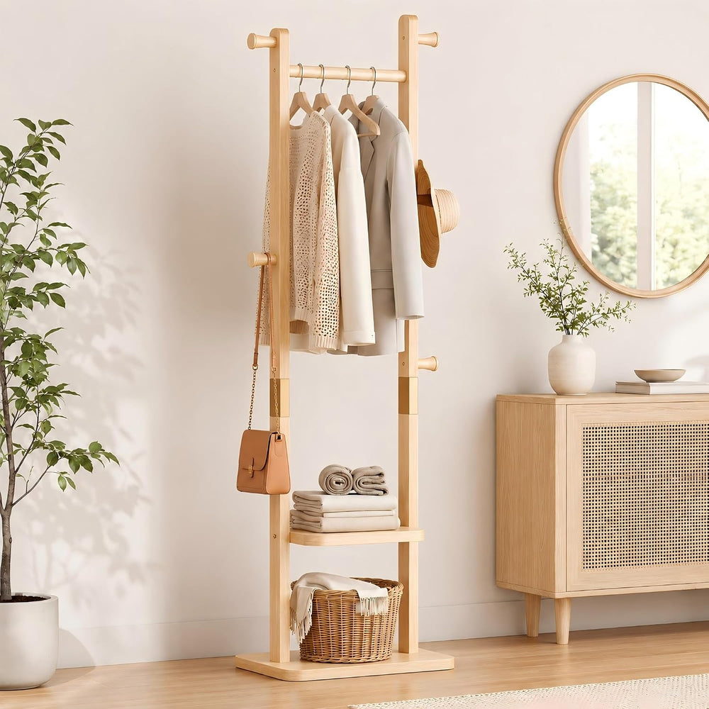 Solid Wood Coat Rack Freestanding, Clothing Rack with 5 Hooks & Bottom Sh...