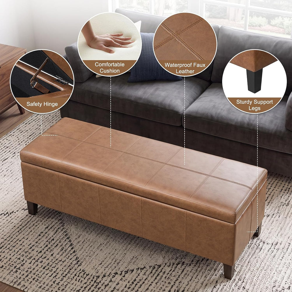 Faux Leather Storage Bench Ottoman, 50 Inch Upholstered Storage Bench with La...
