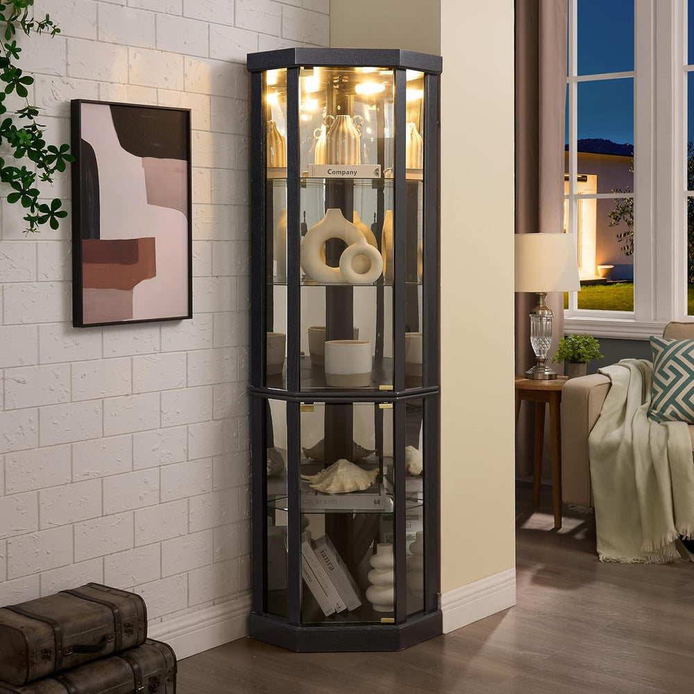 Lighted Corner Curio Cabinet - Elegant Glass Display Case for Living Room &am...