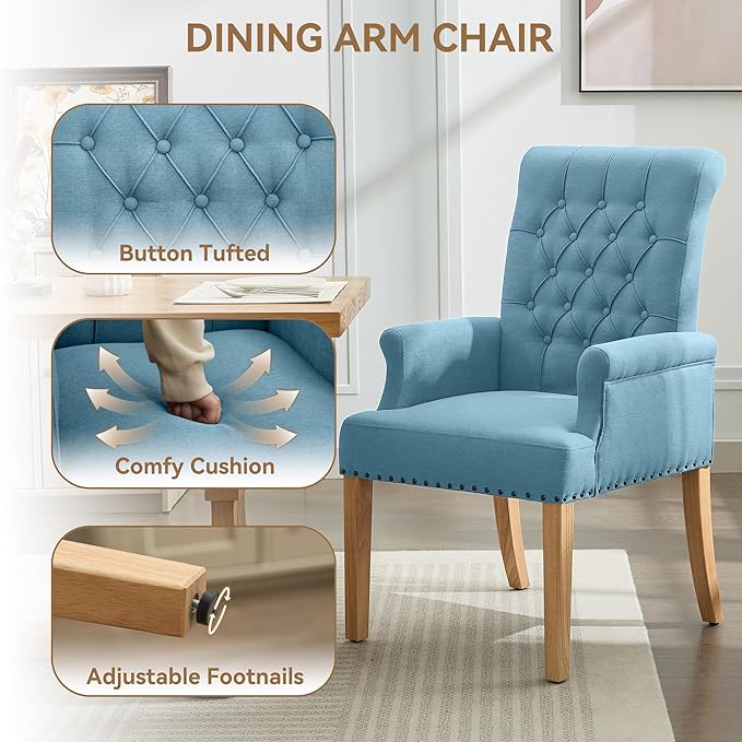 Fabric Dining Chair with Arms, Upholstered Tufted High Back Dining Room Chair...