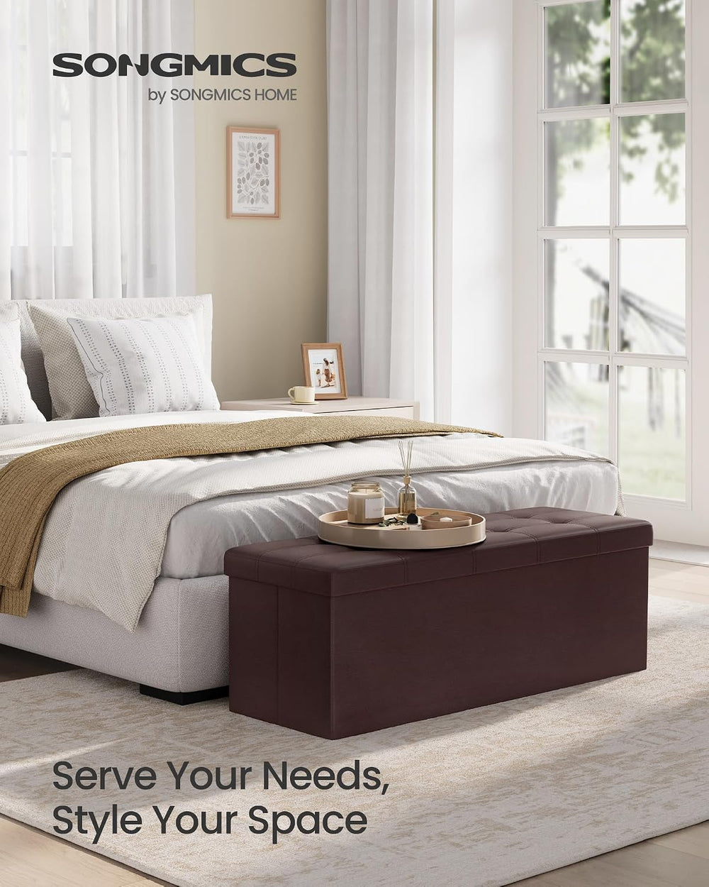 SONGMICS Storage Ottoman Bench, 43.3 Inches Folding Foot Rest Stool | PU Leat...