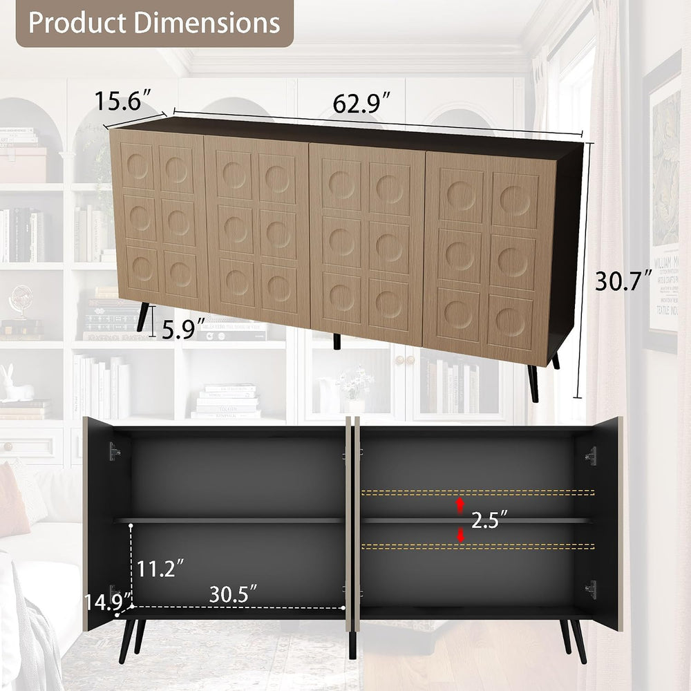 Sideboard Buffet Cabinet with Storage: 63" Black and Oak Mid Century Mod...