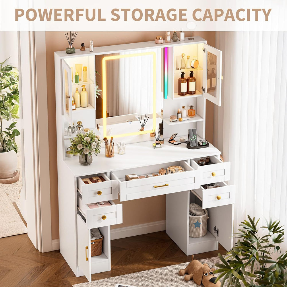 NUNU LAB White Vanity Desk with Sliding Mirror and Lights | Women Makeup Vani...
