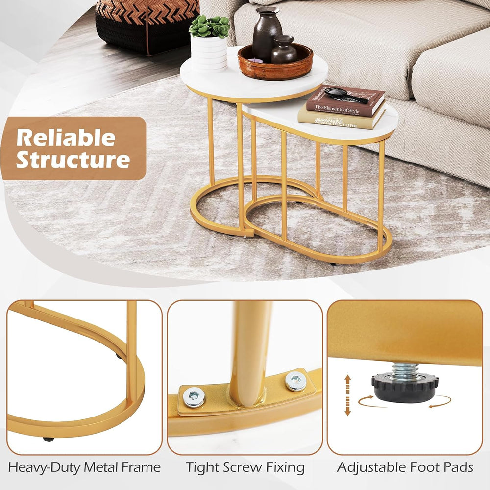 LDAILY Nesting Coffee Table Set with Marble-Look Top, 2-Piece | Golden Steel ...