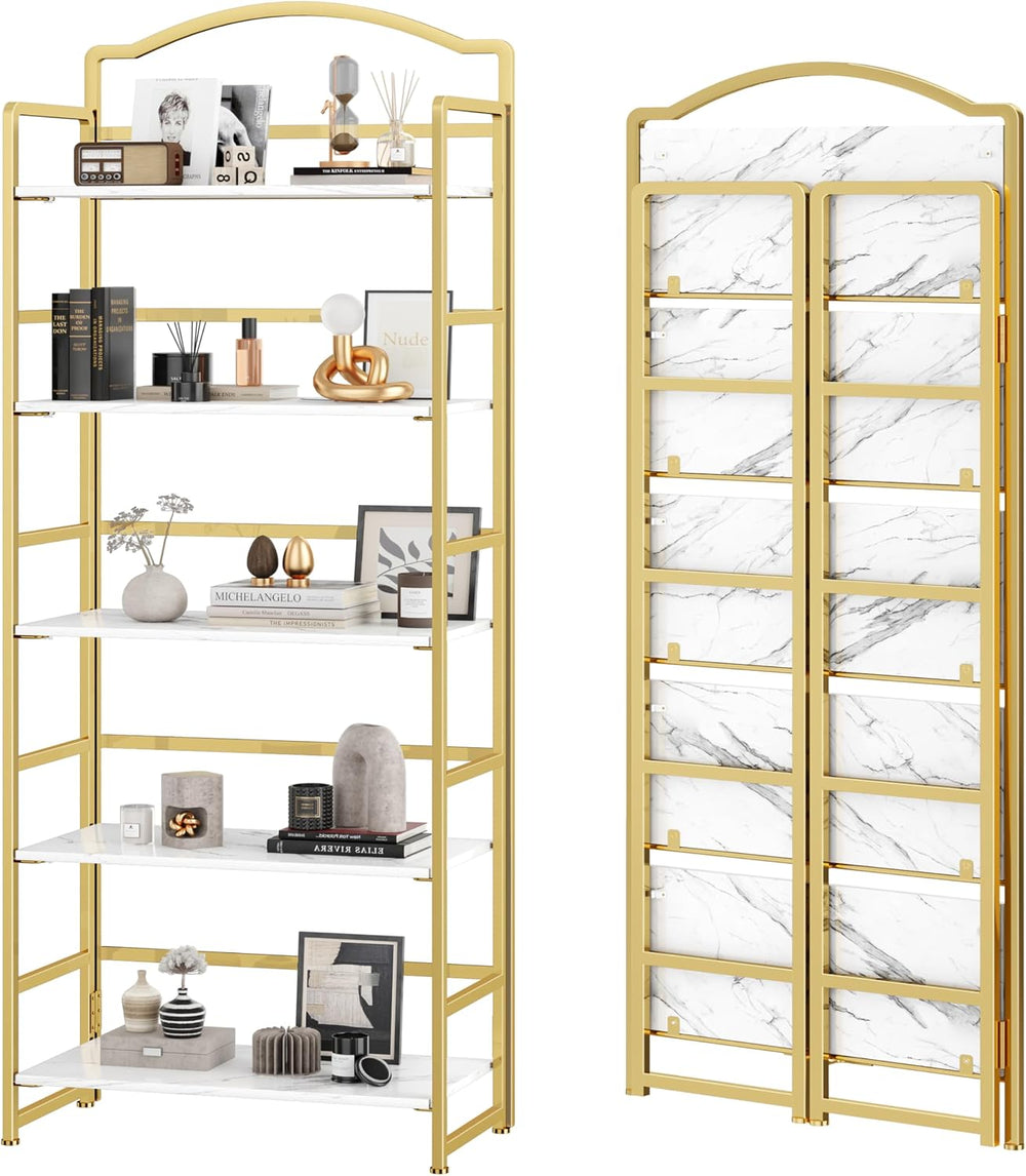 JSB 5 Tier No Assembly Folding Bookshelf, Arched Bookshelf, Foldable Bookcase...