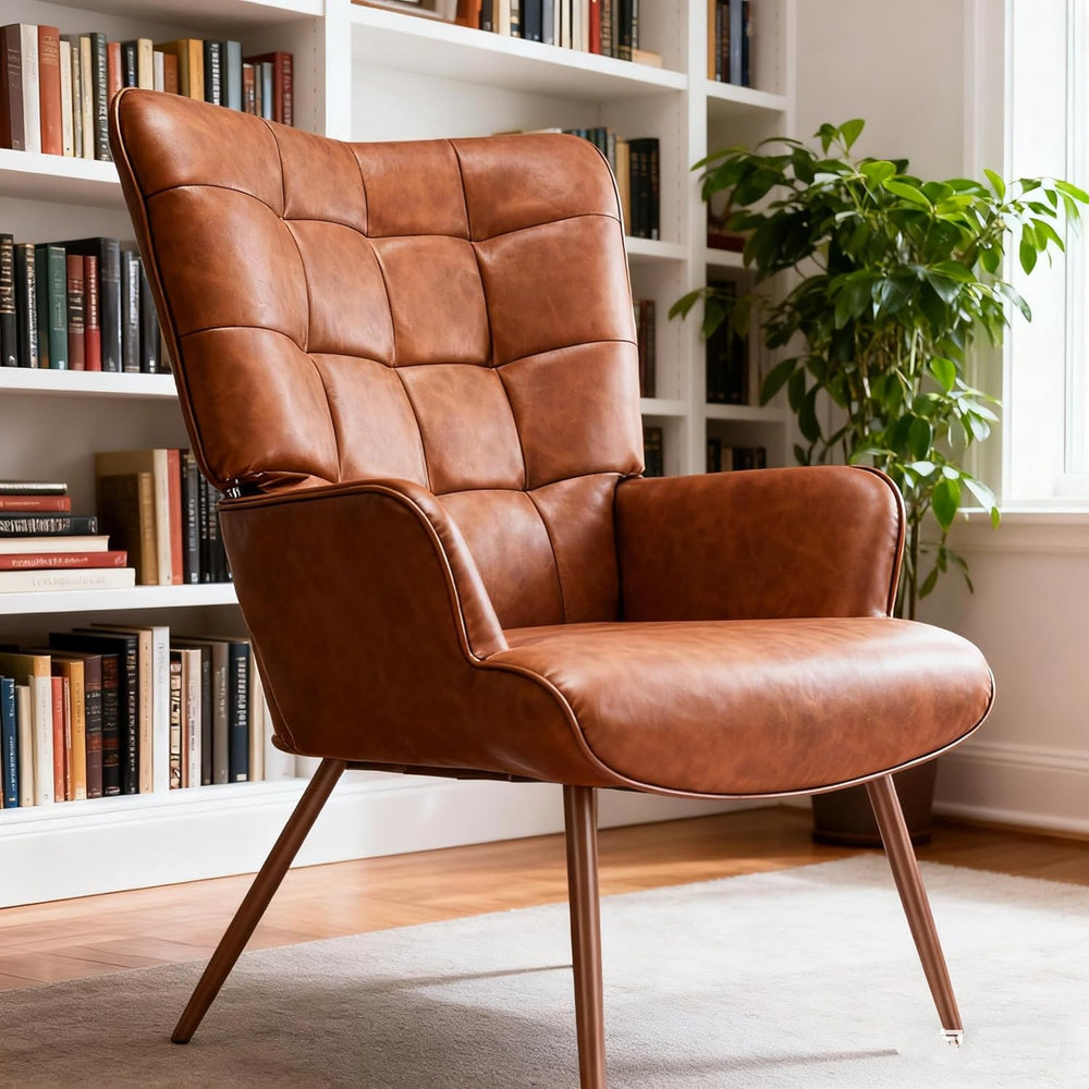 Kosydown PU Leather Wingback Accent Chair with High Back & Tufting, Brown...