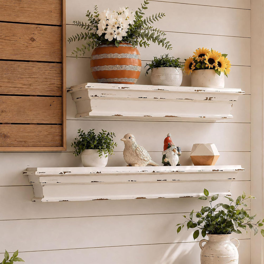 23.6 Inch Distressed White Wall Shelf, Rustic Farmhouse Floating Shelf