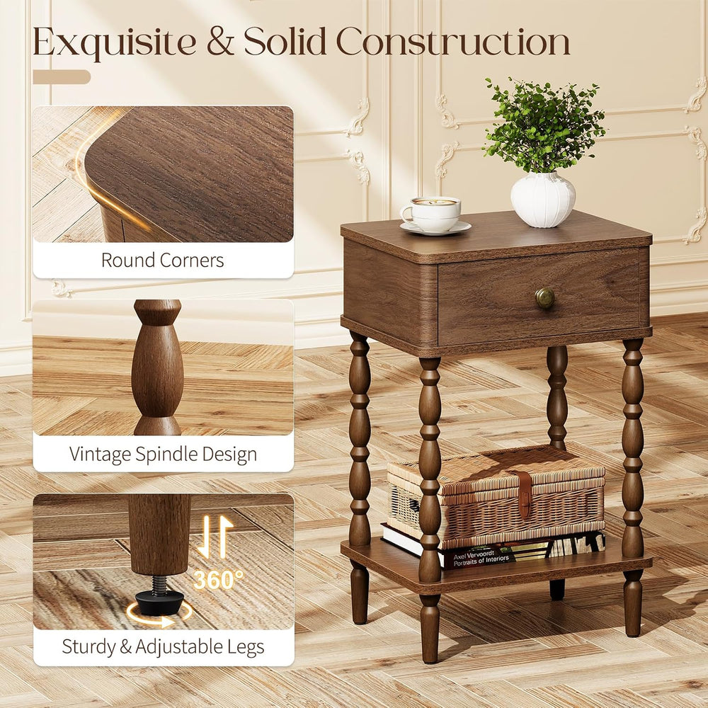 Yoobure Small Side Table with Drawer - Walnut Night Stand with Wood Legs