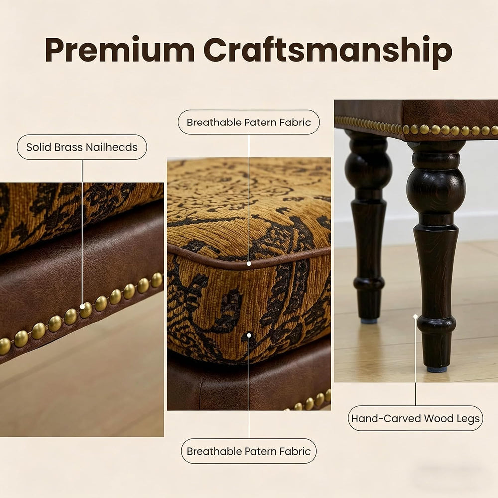 Forteek 47" Vintage Pattern Upholstered End of Bed Bench, Entryway Bench...