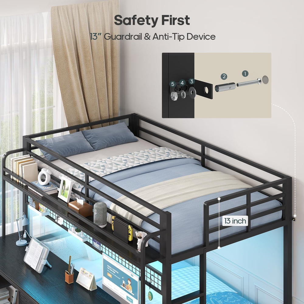 ADORNEVE Bunk Bed Twin Over Twin with 2 Person Desk, LED Lights, Black