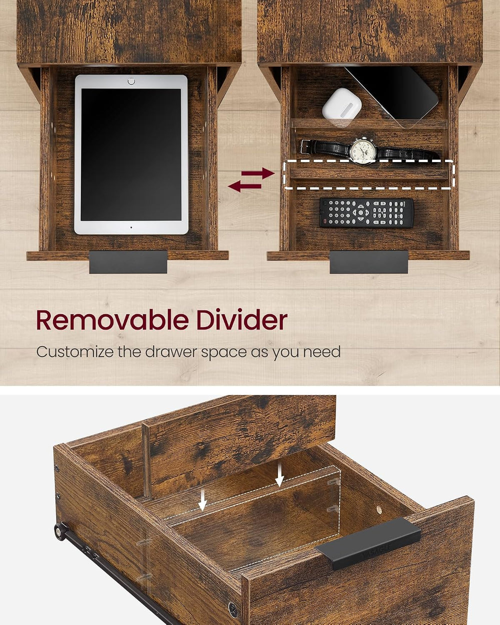 VASAGLE Side End Table with Charging Station, Slim Nightstand with 2 Drawers,...