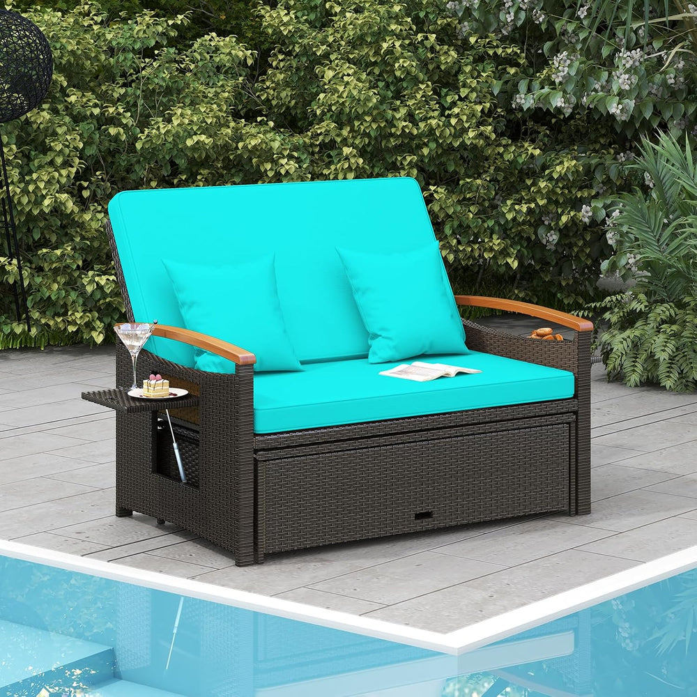 Moccha Outdoor Wicker Daybed, Patio Rattan Loveseat Sofa w/ 4-Level Adjustabl...