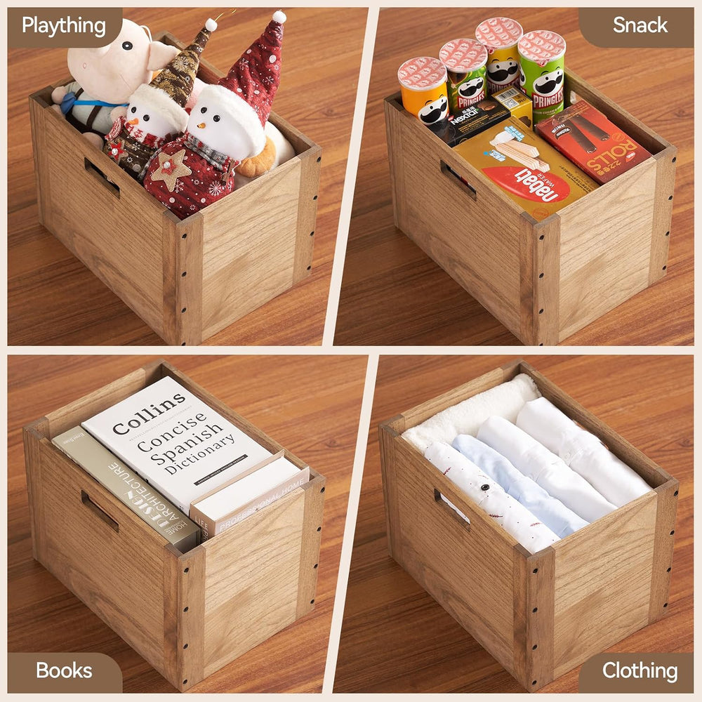 KIRIGEN Stackable Wood Storage Cube with Handles, Open Cubby Bin, Brown