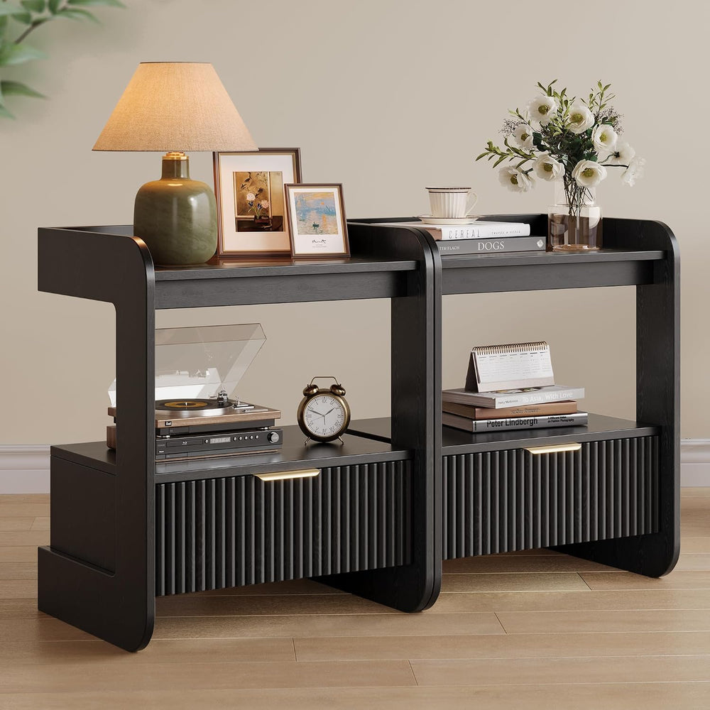 Nightstands Set of 2, Fluted Bedside Tables with Amber Glass Top | Hidden Dra...