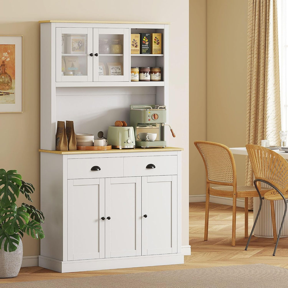 71inch Freestanding Pantry Cabinet — 39.25in Wide, White Finish with Yellow O...