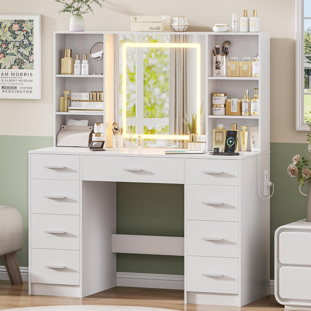 Vanity Desk with Mirror and Lights, Makeup Vanity Desk with 9 Drawers & 6...