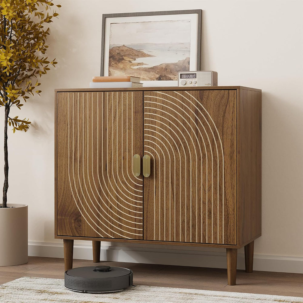 Smuxee Walnut Sideboard Cabinet, Freestanding Buffet Cabinet with Line Groove...