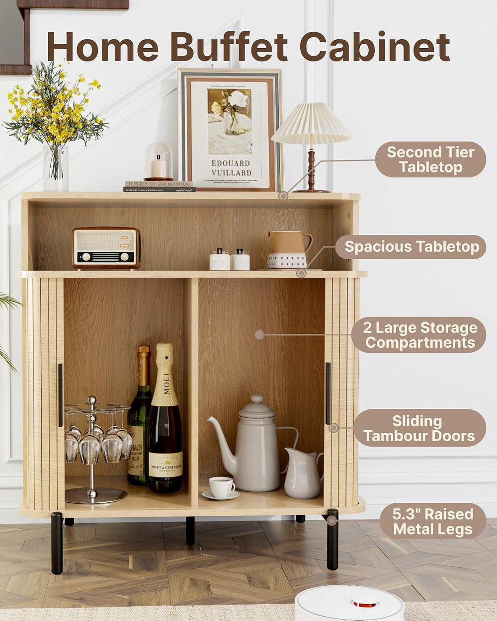 SUNCOZE Buffet Sideboard Cabinet with Big Storage Space, Fluted Coffee Bar Ca...