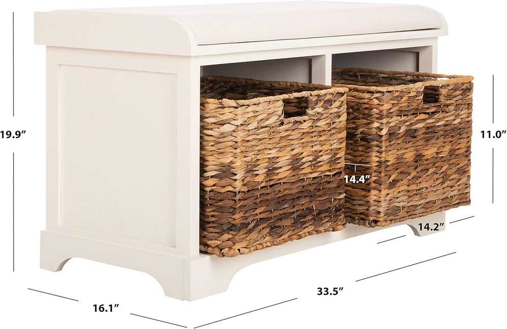 SAFAVIEH Furniture - Freddy 2-Basket Storage Bench - Vintage White - Solid Wo...