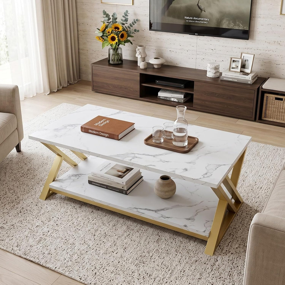 Coffee Table 2-Tier Gold Tables for Living Room,Center Table with Storage