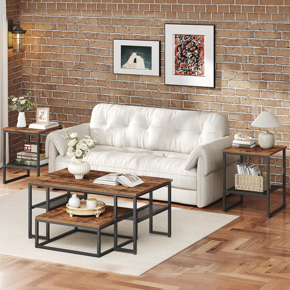 Coffee Table Set of 4, Nesting Coffee Table and 2 Side Tables | Industrial Sq...