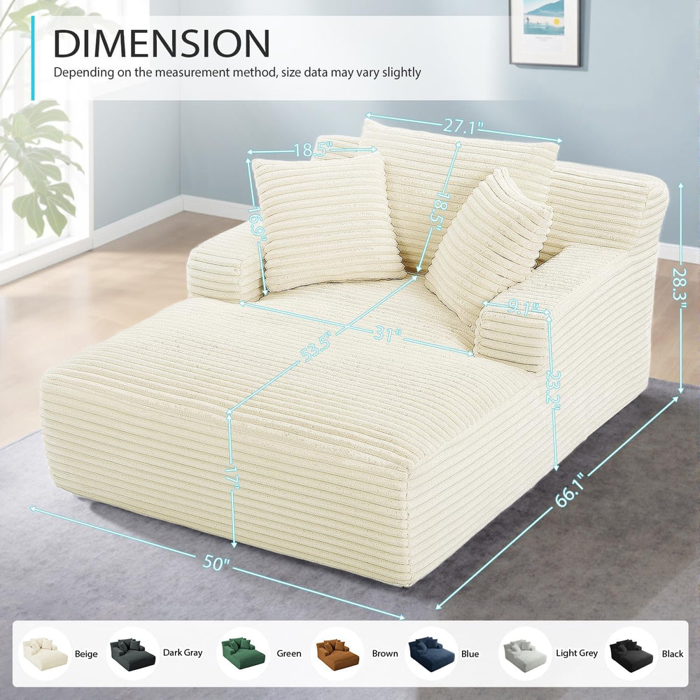 ivoros 50 Inch Chaise Lounge Chair Indoor, Oversized Corduroy Upholstered Sof...