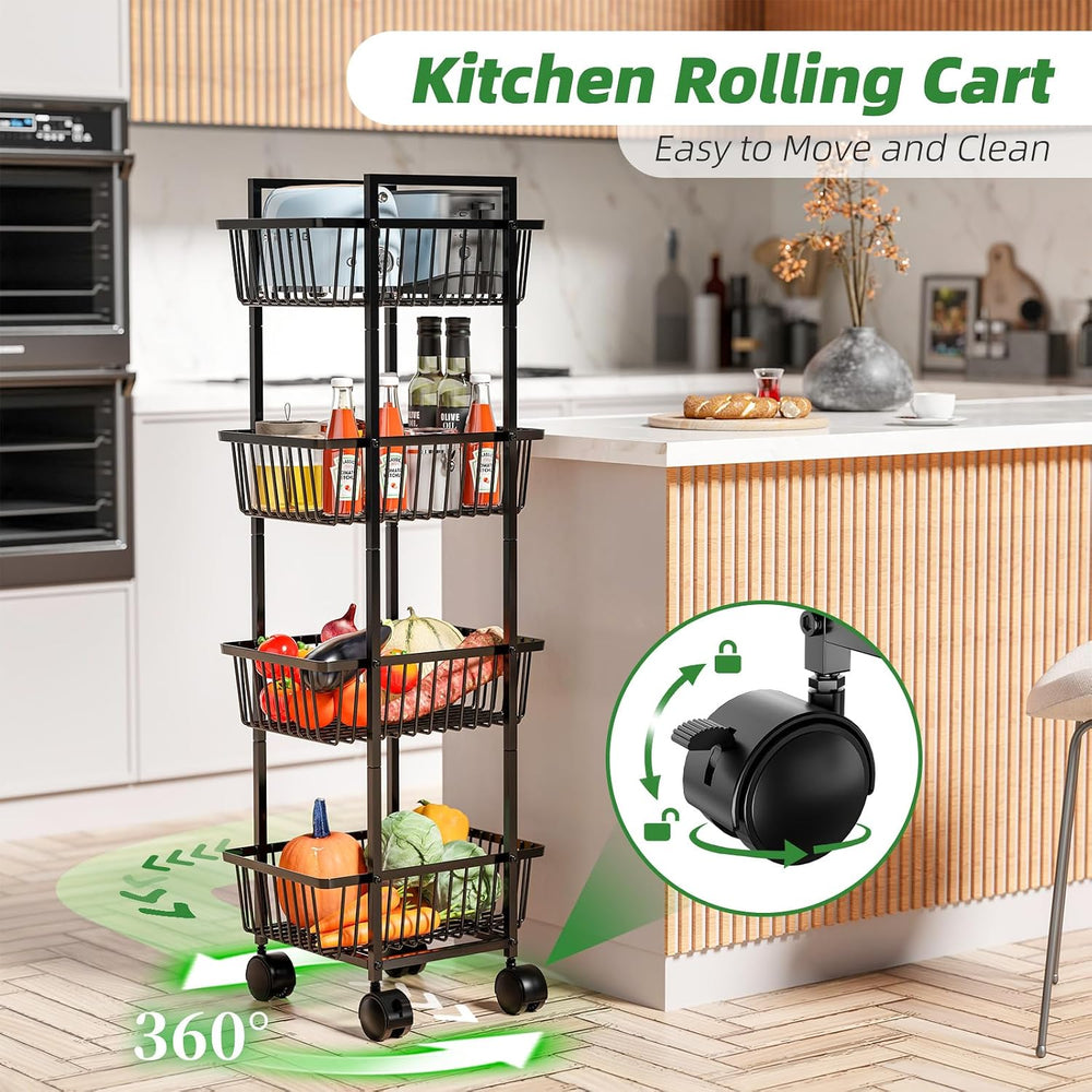 Simple Trending 4 Tier Rolling Fruit Vegetable Basket Cart, Black | Metal Wir...
