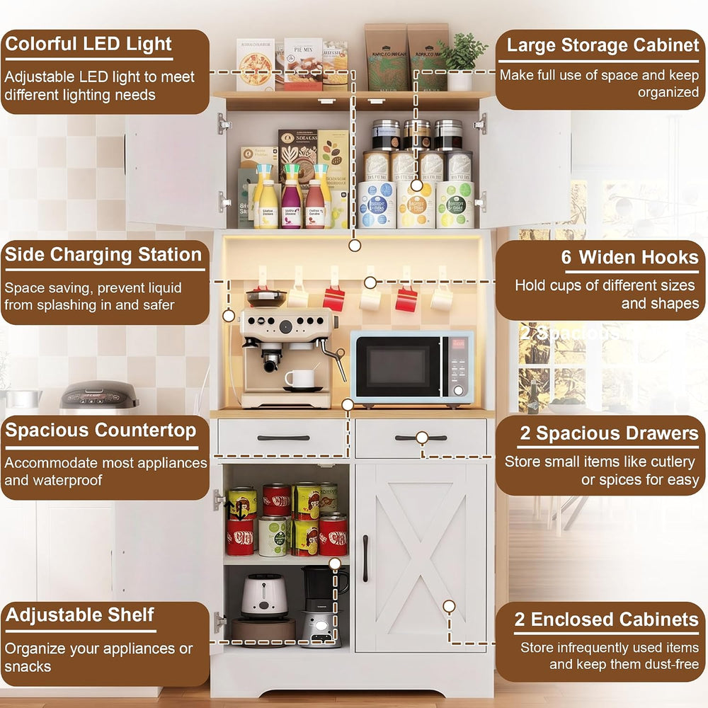 DreamDashio 73" Tall Pantry Cabinet with Charging Station & LED Ligh...