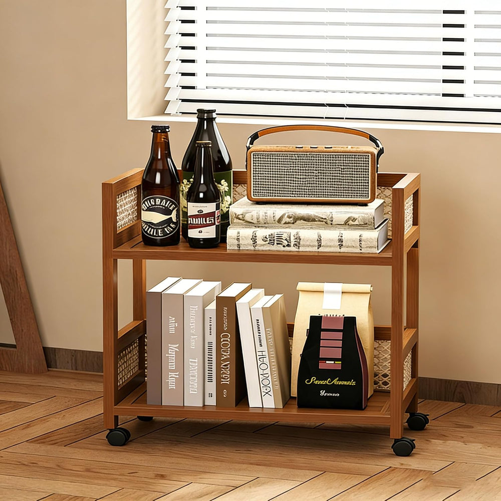 2-Tier Rolling Cart,Open Rattan Bookcase and Bookshelf,Mobile Bookshelf with ...