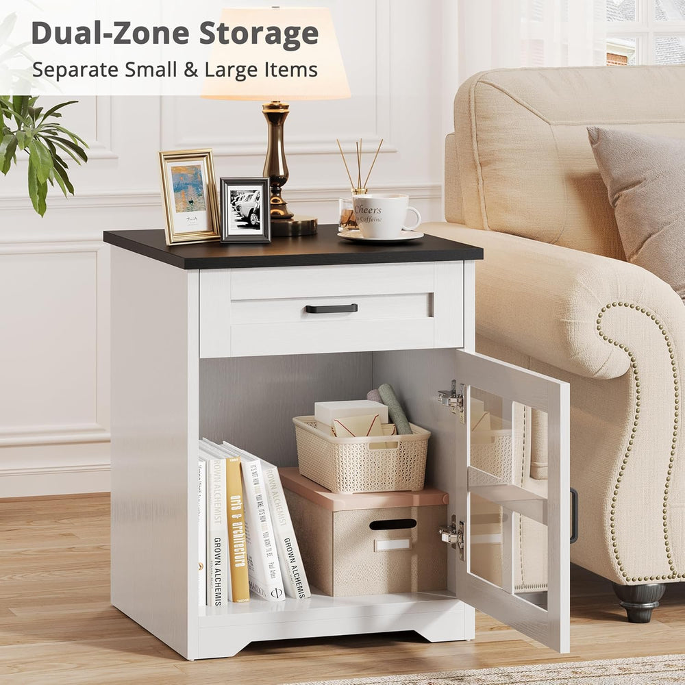 Farmhouse End Table, 18" Side Table with Drawer and Barn Door Storage, W...