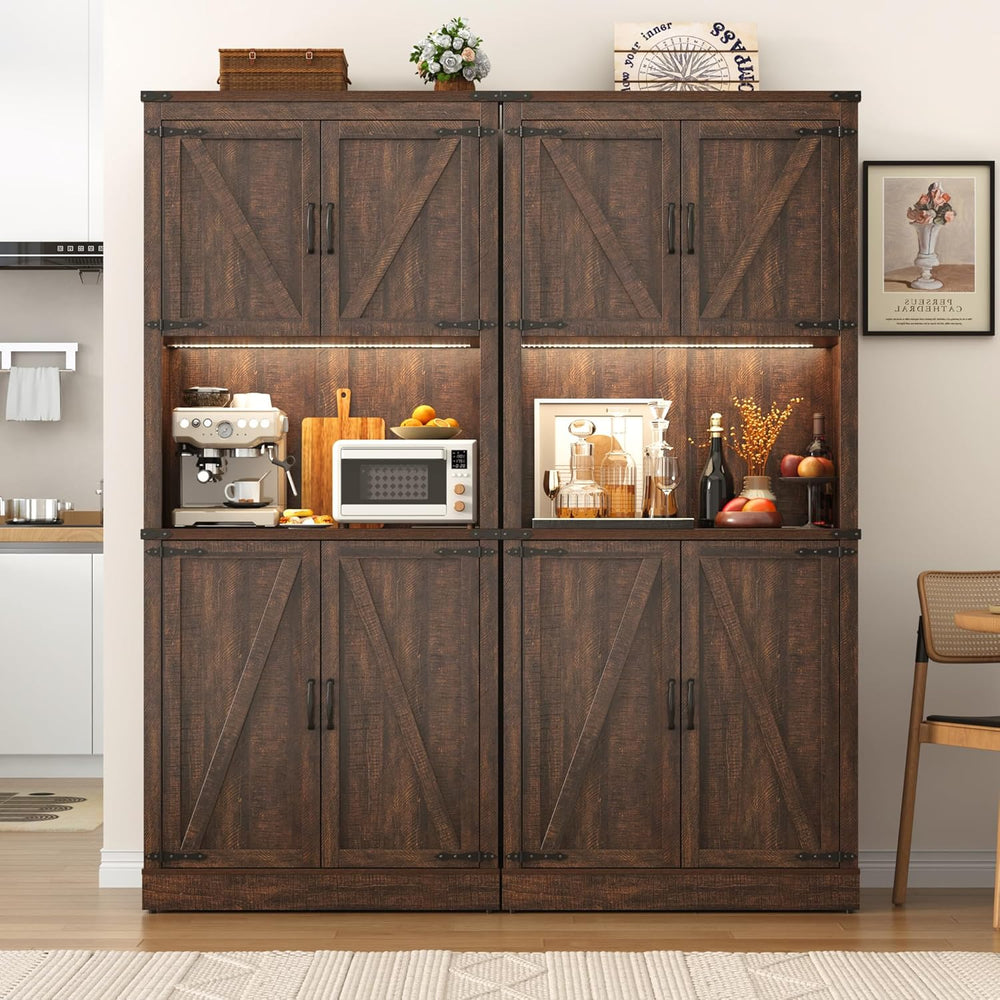 72" Tall Farmhouse Kitchen Pantry Cabinet with LED Light and Power Outle...