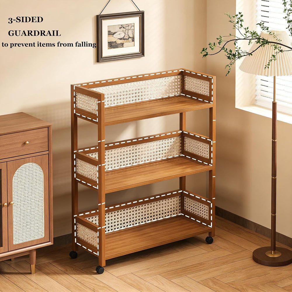 2-Tier Rolling Cart,Open Rattan Bookcase and Bookshelf,Mobile Bookshelf with ...