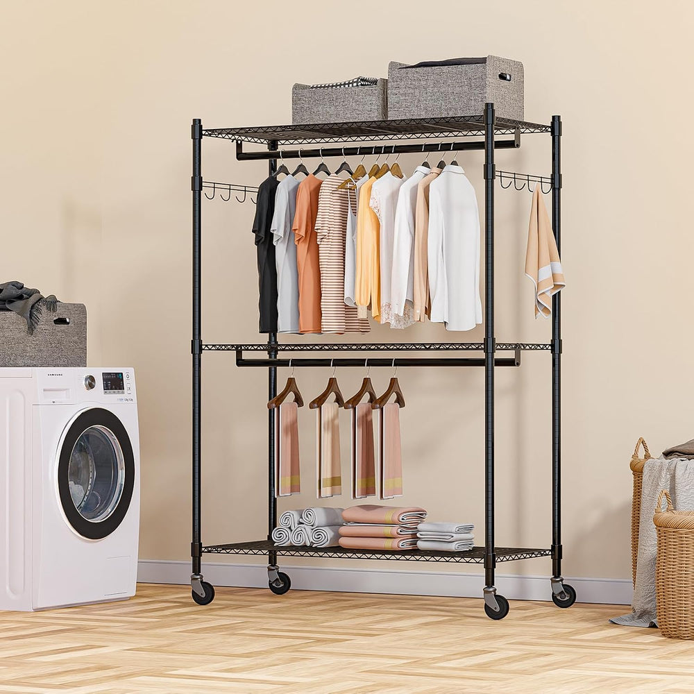 Homdox 3 Tier Heavy Duty Garment Rack with Wheels, Adjustable Wire Clothes Ra...