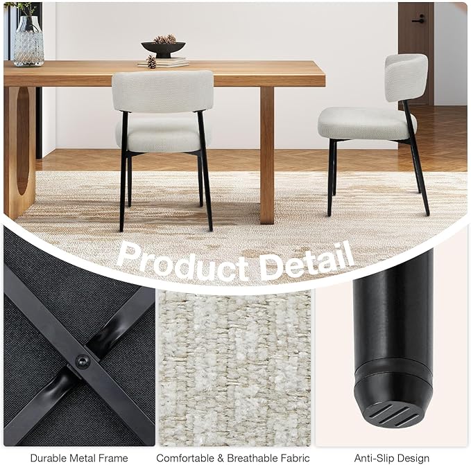 Sweetcrispy Dining Chairs Set of 4, Boucle Fabric Modern Mid Century Round Ki...
