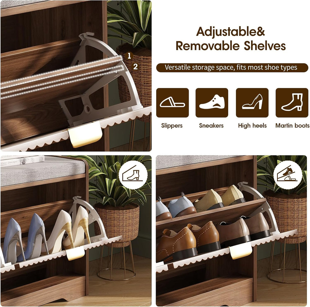 Maupvit Fluted Shoe Bench with 2 Flip-Drawers, 39.4" Narrow Entryway Ben...