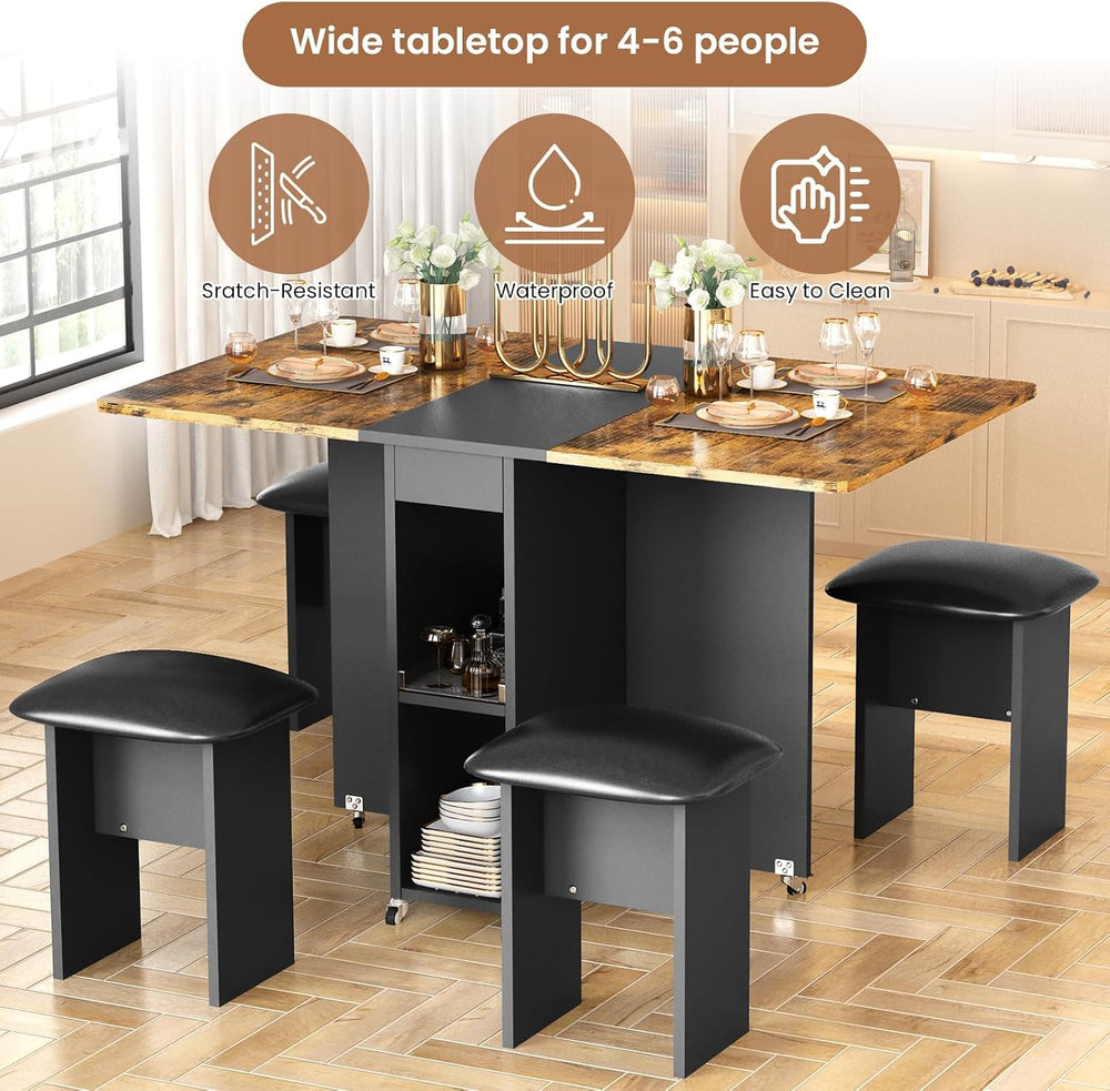 furlinkhm Folding Dining Table Set for 4, Dinner Table with 4 Leather Chairs ...