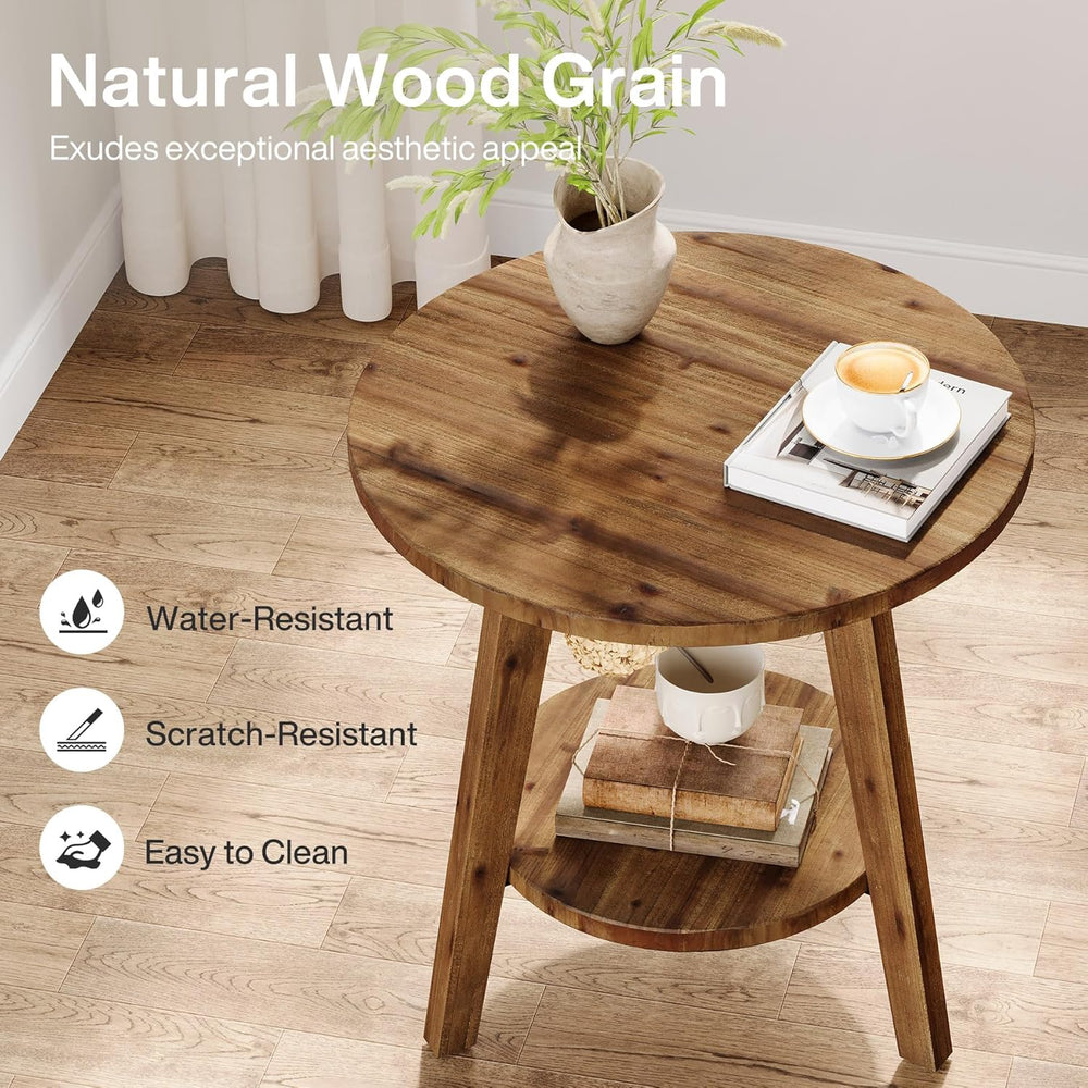 Solid Wood Round End Table, Sofa Side Table with Storage Shelf, Farmhouse Nig...