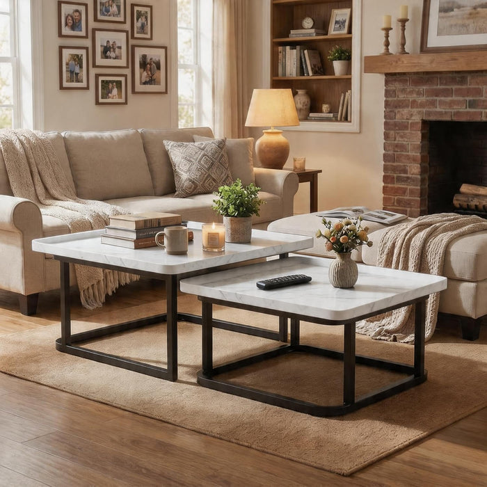Set of 2 Nesting Coffee Tables, Space‑Saving Square Side Table Set, White | Stackable Design, Mid‑Century Modern Style, Multi‑Scene Usage, Ideal For Living Room, Bedroom And Balcony Decor